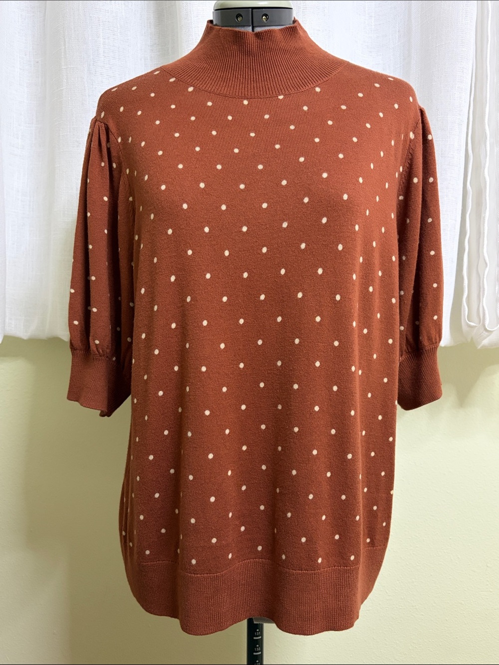 NWT Halogen Rust Polka Dot Mock Neck Puff Sleeve Sweater XL
